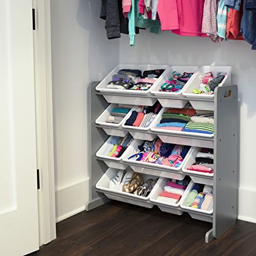 Humble Crew Kids Toy Storage Organizer with 12 Plastic Bins, Grey/White O74556