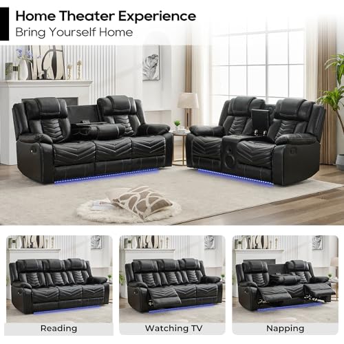 Grey Leather 3-Seater Recliner Sofa Set with Wireless Charger and LED Lights M484