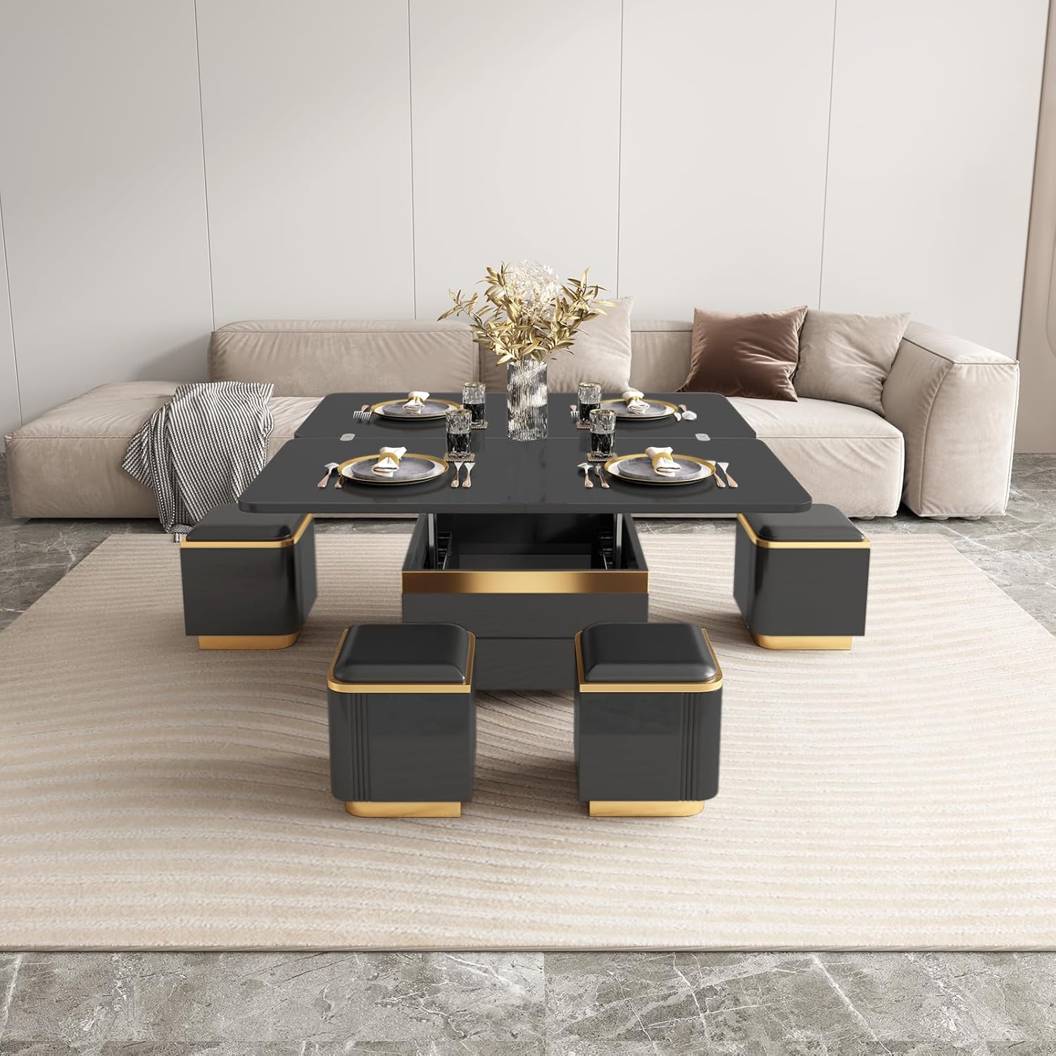 Black Lift Top Coffee Table with 4 Storage Stools T544