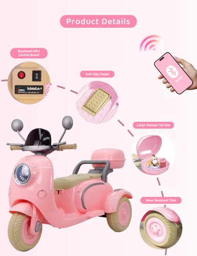 Kids Electric Motorcycle 3-Wheel 12V Ride On Scooter for Girls Ages 3-6 Pink Z596
