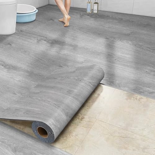 Luxury Wood Grain Peel and Stick Vinyl Flooring Roll 17.72" x 118" Grey R228