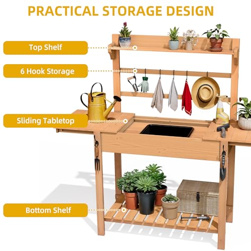 DWVO Outdoor Potting Bench Table with Sink & Sliding Top, Wooden Garden Workbench K4598