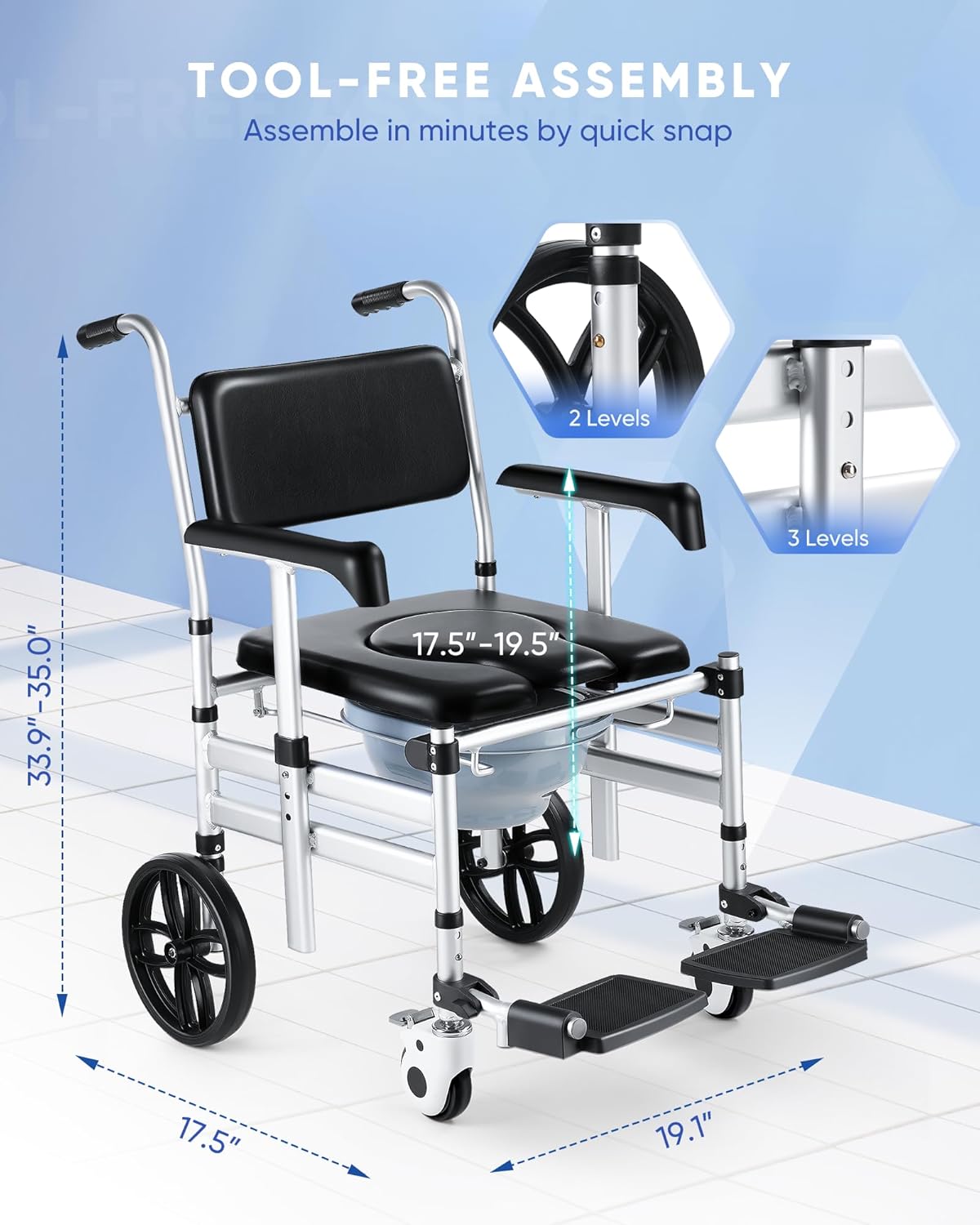Hybodies Foldable Aluminum Shower Chair with Wheels, 3 in 1 Transport & Commode W280541