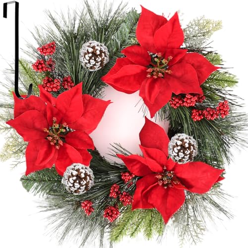 24 Inch Christmas Wreath for Front Door, Large Christmas Real Touch Door Wreath with Red Bow and Hangers, Green Pine Xmas Wreath for Window Wall Fireplaces Porch Indoor Outdoor Home Decor