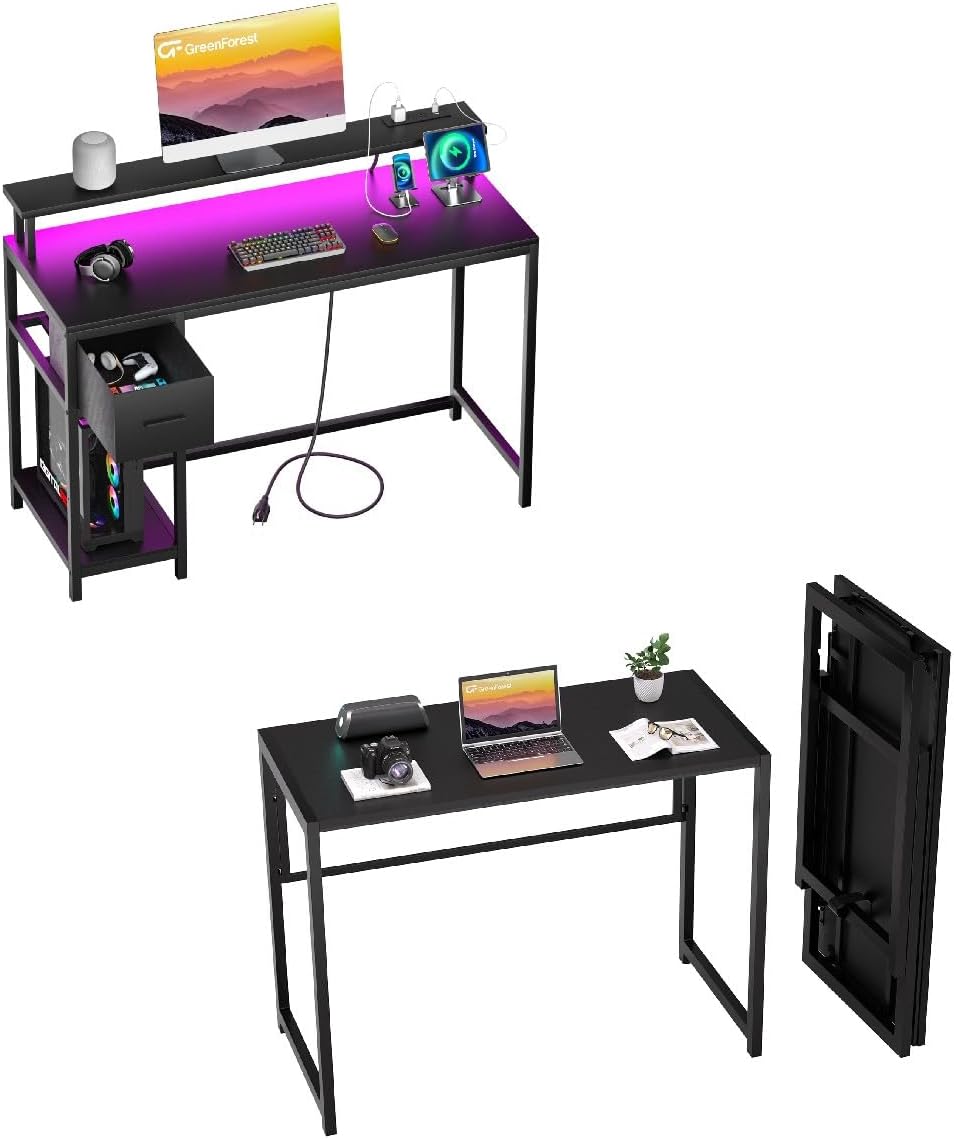 GreenForest Computer Desk with Full Monitor Stand and Black Folding Desk for Home Office