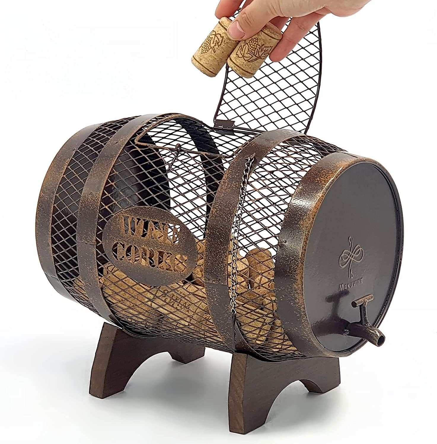 Rustic Metal Large Barrel Wine Cork Holder Display On Wooden Stand, Wine Lover Gift, Housewarming Gift, Home Bar Decor, Wine Gift, Engagement Gift, Kitchen Decor