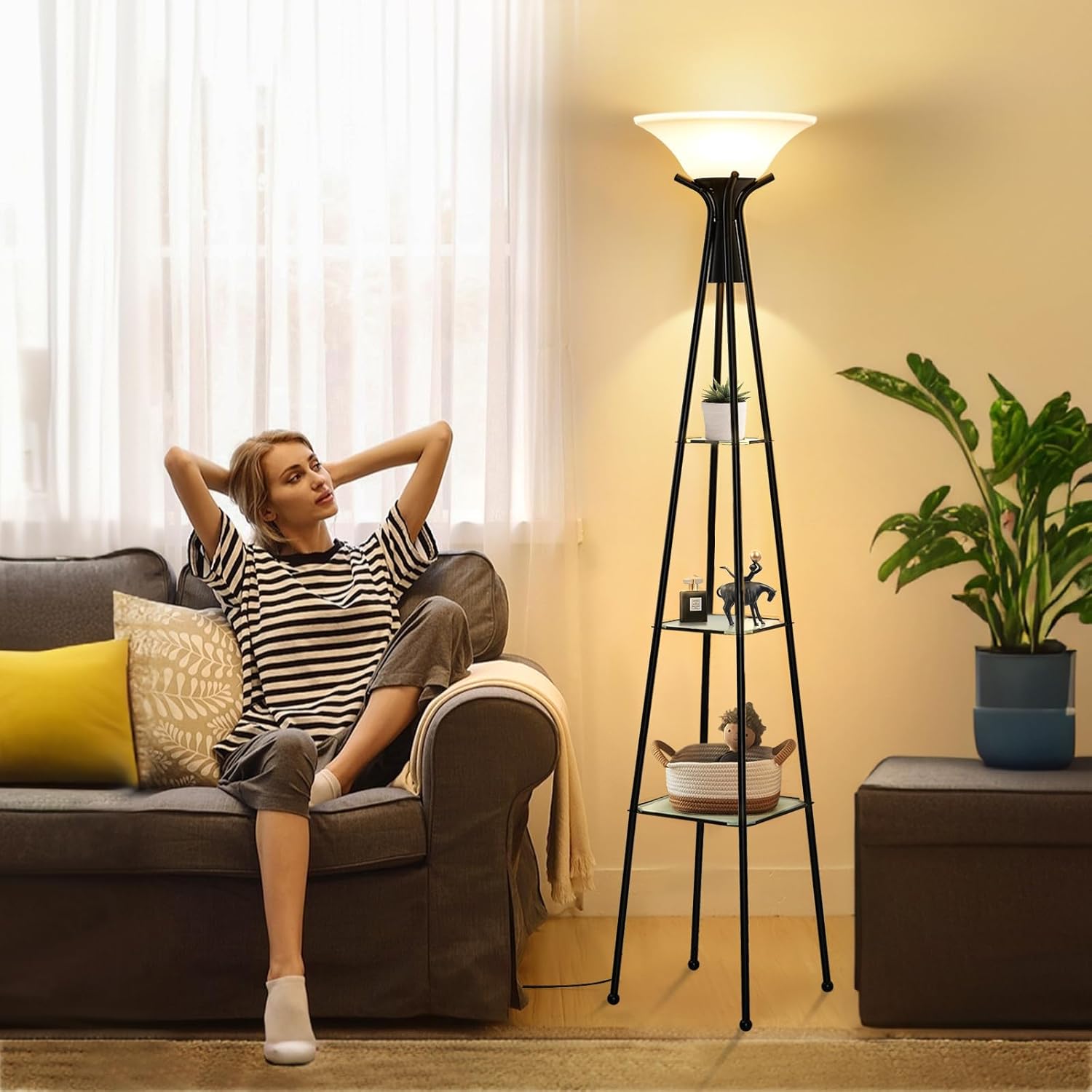 Luvkczc Floor Lamp with Shelves, 69" Tall, 3-Tier Glass Shelves, Black Y511