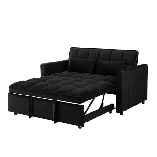 Modern Velvet Convertible Sofa Bed with Adjustable Back and Storage Bag, Blue Double S9157