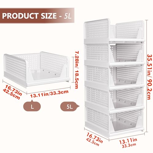 CTSNSLH 5 Pack Folding Closet Organizers Storage Box, Stackable Bins, White B5705