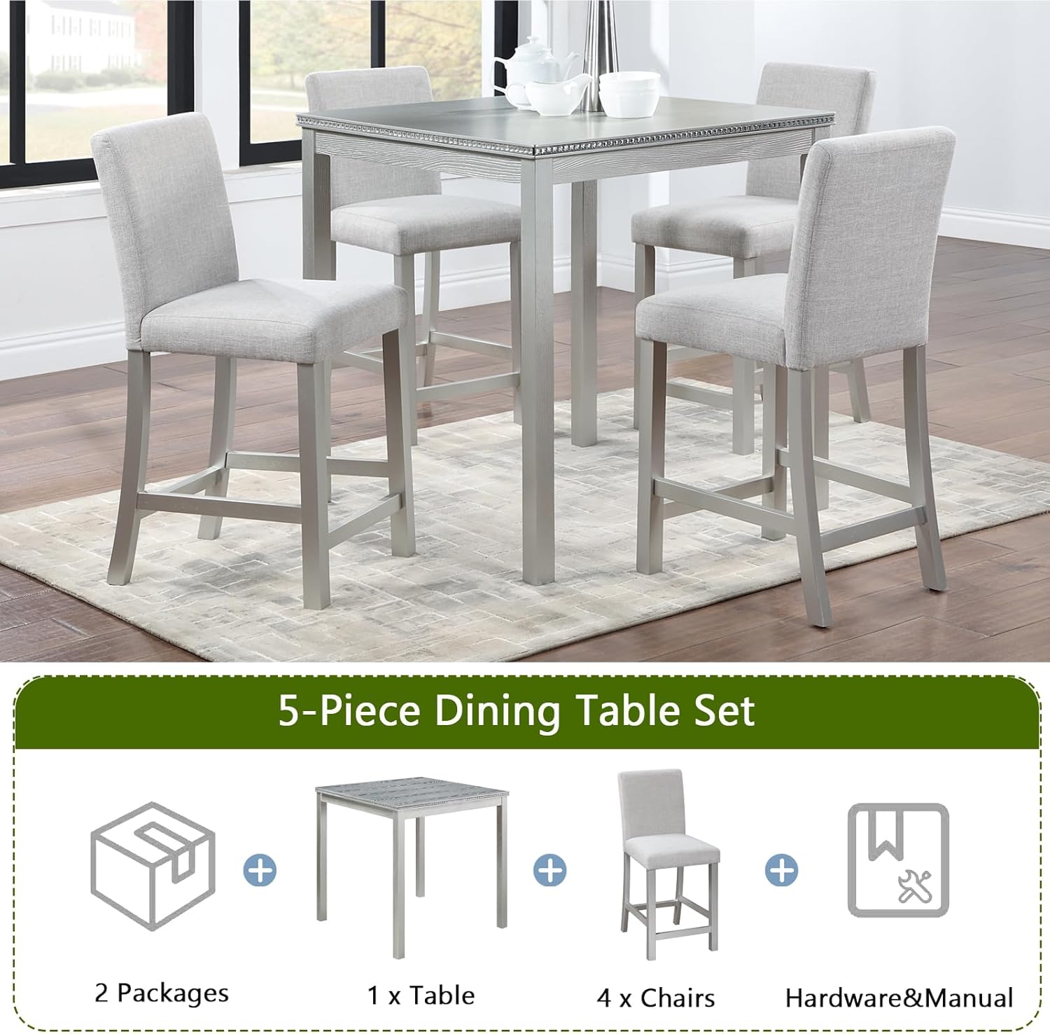 Acacia Wood Counter Height Dining Table Set with 4 Upholstered Chairs, Grey H9064