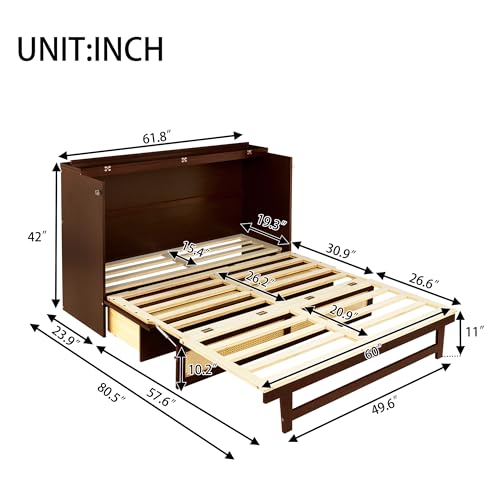 KEIKI Queen Size Murphy Bed with Charging Station and Drawer, Walnut B45816