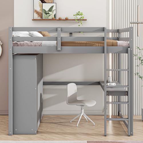 Harper & Bright Designs Full Size Loft Bed with Wardrobe and Desk, Solid Wood, White M8159