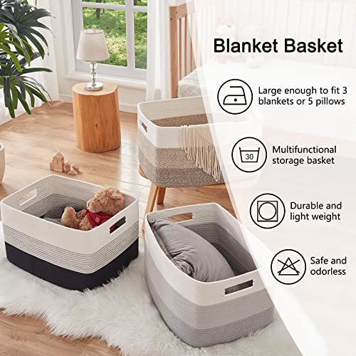 OIAHOMY Large Rectangle Woven Blanket Basket with Handle, Gradient Blue B58762