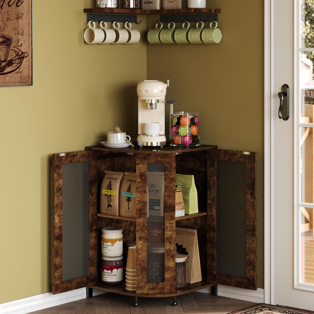 keomaisyto 3-Tier Corner Coffee Cabinet with Storage Shelf, Rustic Wood T23526
