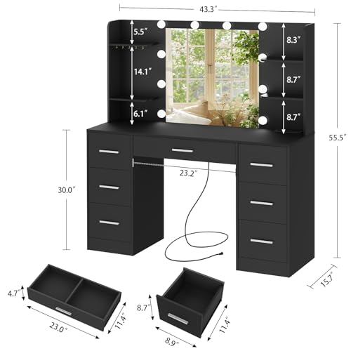 Quimoo Large Vanity Desk with LED Mirror & Power Outlet, White L335