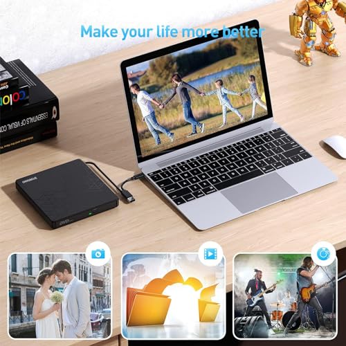 External CD DVD Drive for Laptop, USB 3.0 Type-C, Slim Portable Burner T70166