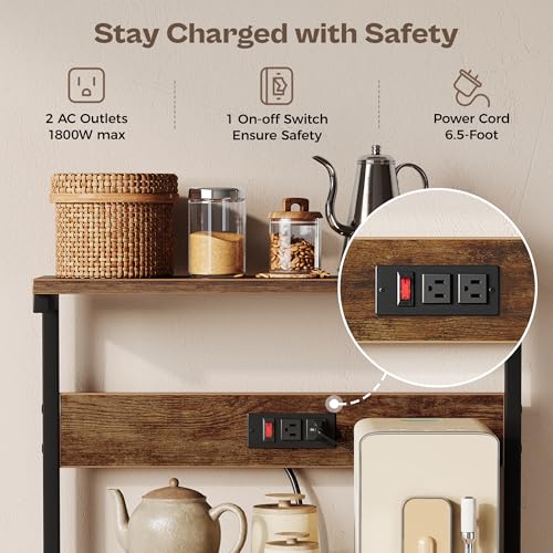 SUPERJARE Kitchen Bakers Rack with Power Outlet, Coffee Bar Table, Rustic Brown W637