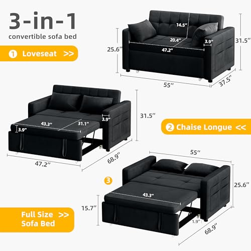DWVO 55" Futon Couch, 3-in-1 Convertible Sofa Bed, Grey Velvet, Full Size S272