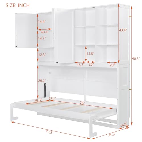 SOFTSEA Twin Murphy Bed with Storage Bookcase, LED Light & Charging Stations, Grey G72495