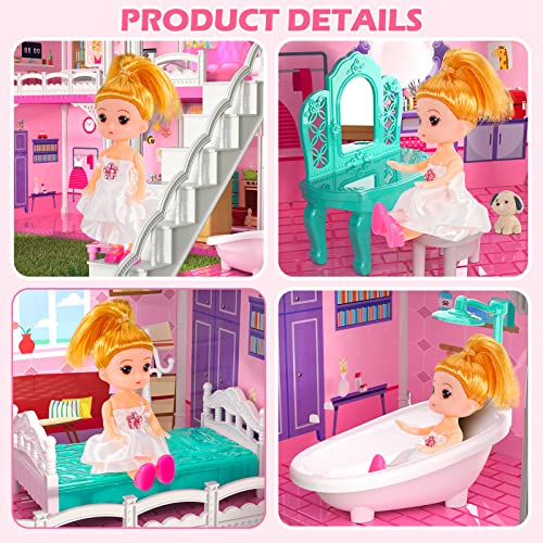 Dolls House 4 Stories 10 Rooms Playset with 2 Princesses Slide for Girls 3-8 Years P507426