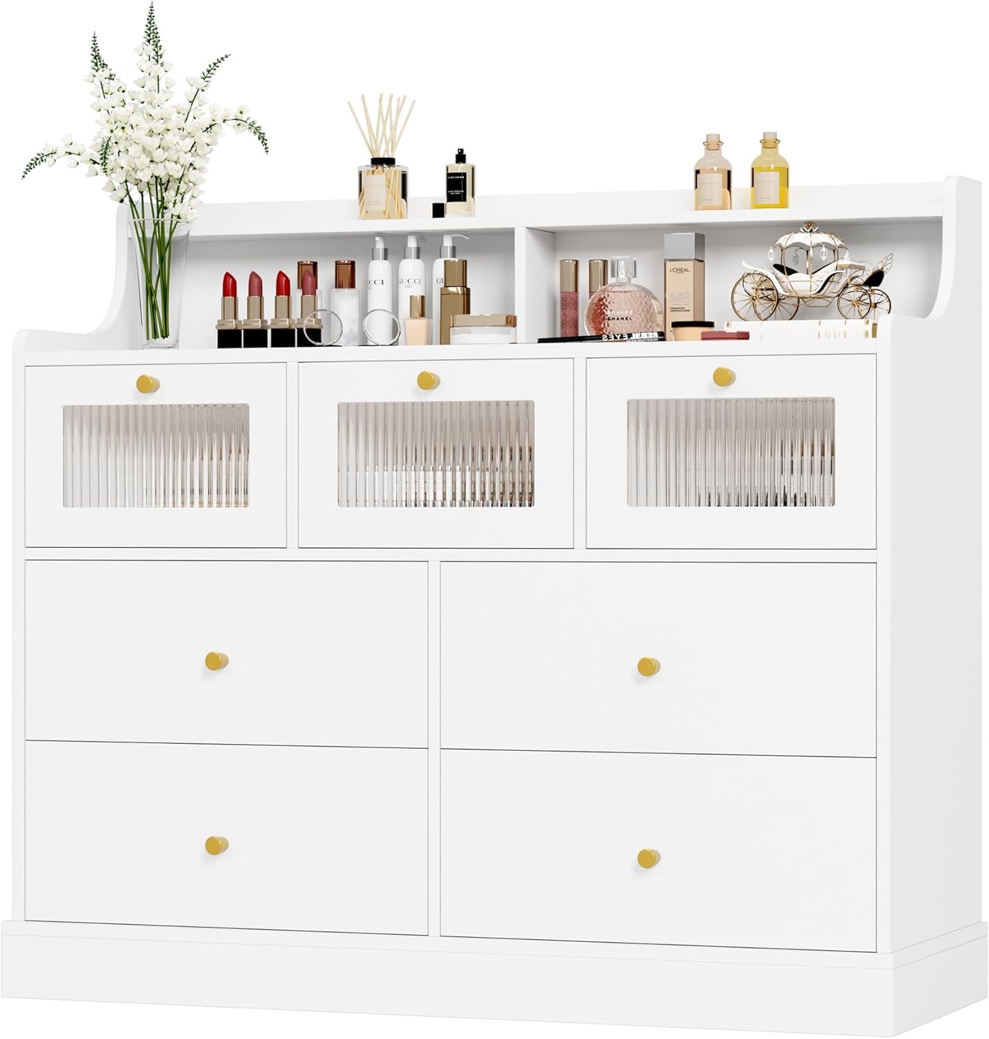 finetones 7 Drawer Dresser with Shelves, White and Gold W3983