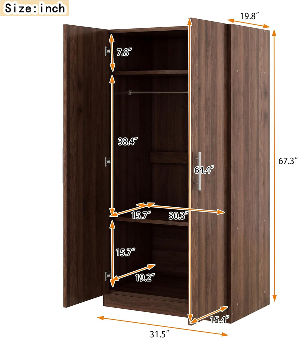 2-Door Wooden Wardrobe Armoire with Shelves and Hanging Rod, Brown W24352