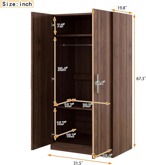 2-Door Wooden Wardrobe Armoire with Shelves and Hanging Rod, Brown W24352