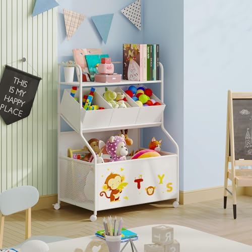 BBLIKE Toy Storage Organizer with Wheels 3-Tier Kids Toy Box White Q363830