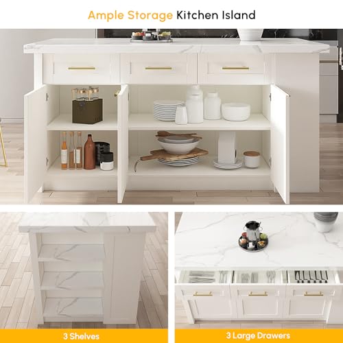 homary 72" Kitchen Island with Storage, White Dining Table with Seating & 3 Drawers H6352