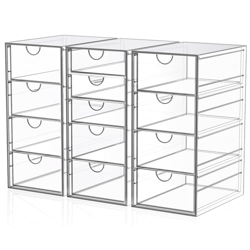 Acrylic Makeup Organizer with 19 Drawers, 4 Pack Clear Storage Drawers, Bathroom Makeup Organizer for Palettes, Cosmetic, and Beauty Supplies,Ideal for Vanity, Cabinet,Desk Organization