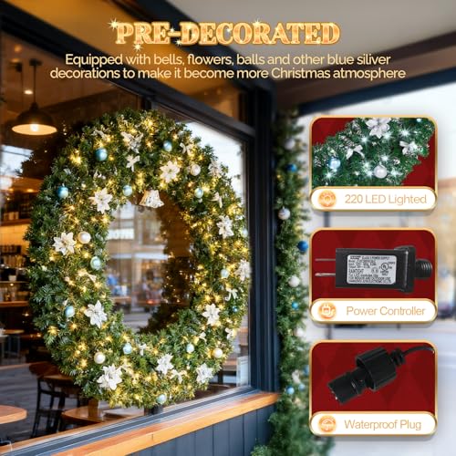 VINGLI 48 Inch Pre-lit Artificial Christmas Wreath with 150 LED Lights T885