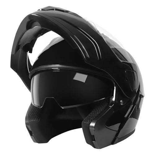 SPARK DOT Modular Flip-Up Dual Visor Motorcycle Helmet (Bright Black, Small) W8778