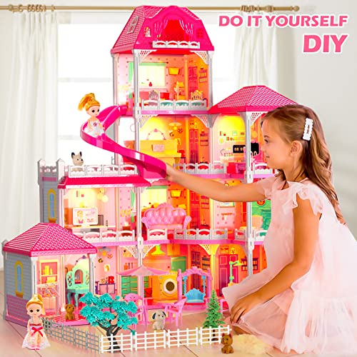 Dolls House 4 Stories 10 Rooms Playset with 2 Princesses Slide for Girls 3-8 Years P507426