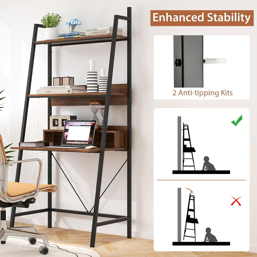 GOFLAME 71" High Ladder Desk with Open Shelves, Brown V699