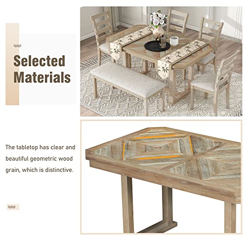 Merax 6-Piece Rubber Wood Dining Table Set with 4 Cushioned Chairs and Bench, Light Gray F5621