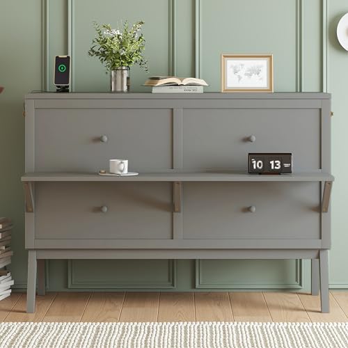 KEIKI Queen Size Murphy Bed with Charging Station and Drawer, Walnut B45816
