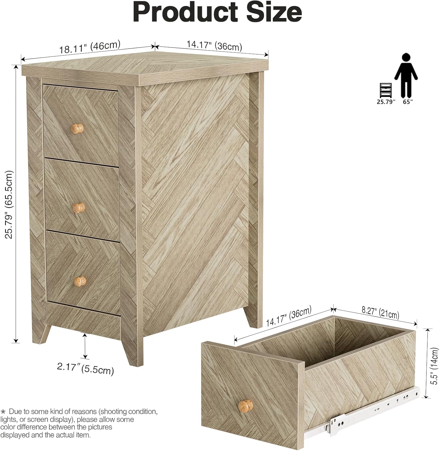 Anmytek End Table with 3 Drawers, Narrow Nightstand for Bedroom P1143
