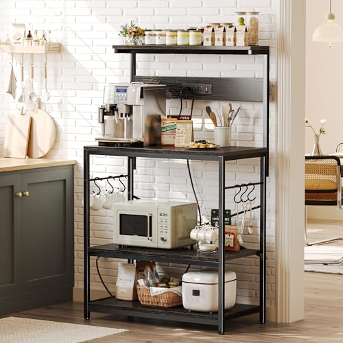 SUPERJARE Kitchen Bakers Rack with Power Outlet, Coffee Bar Table, Rustic Brown W637