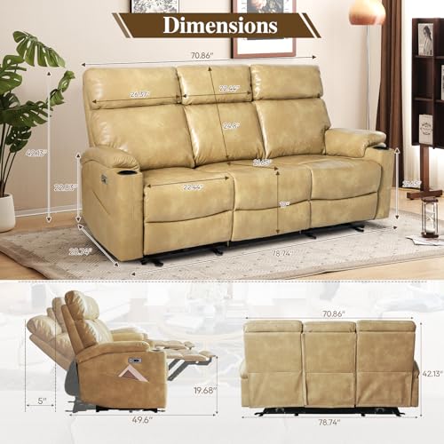 Power Reclining Sofa 3-Seat with USB Ports and Cup Holders, Brown O425699