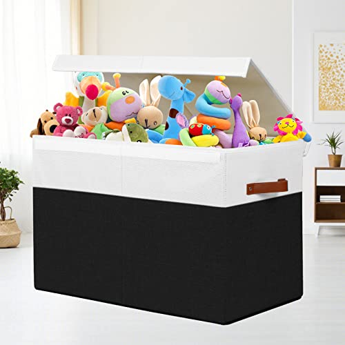 Large Toy Storage Box with Lid and Dividers for Kids, Beige and White X95078