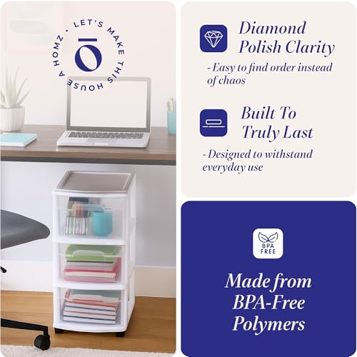 HOMZ 3-Tier Clear Plastic Storage Organizer Cart with Wheels, Black Frame M4715