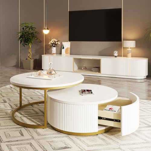 Round Nesting Coffee Table Set of 2 with Drawers, Gold Frame M124578