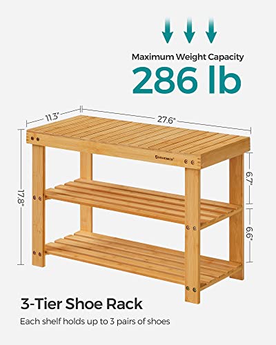 SONGMICS 3-Tier Bamboo Shoe Rack Bench, Entryway Storage, Ink Black X802