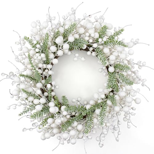 20 Inch White Christmas Wreath with White Berry Fir Pine Needle F528