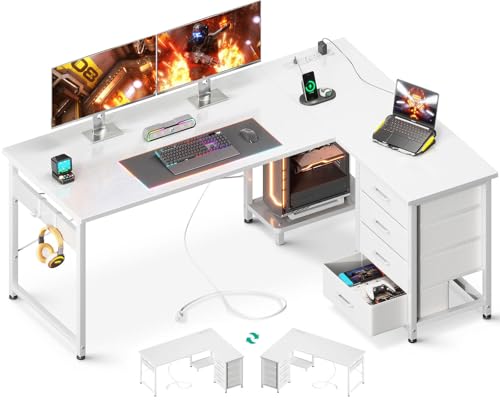 AODK L Shaped Gaming Desk with 4 Drawers, 61" Reversible Home Office Desks with Power Outlets, L Shaped Computer Desk with USB Charging Port and Host Stand, Corner Desk, Easy to Assemble, Black