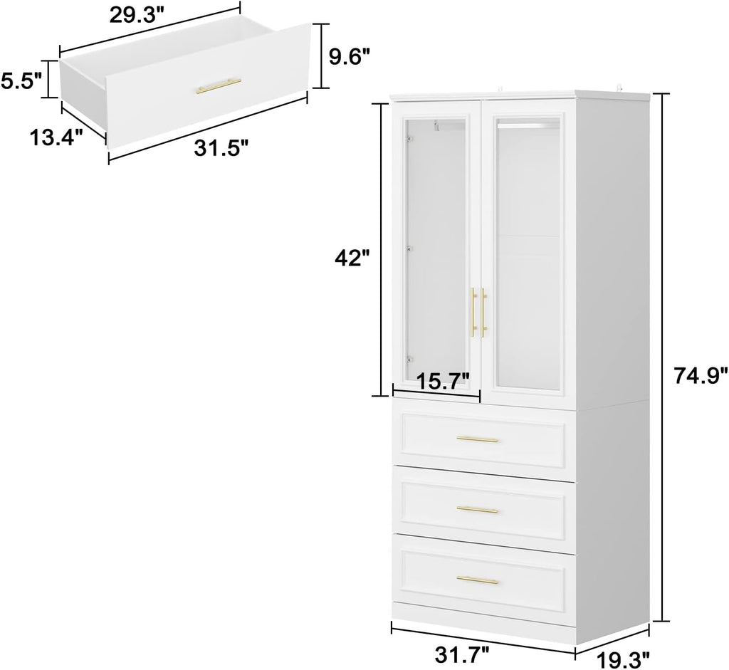 ECACAD Wardrobe Armoire with 2 Glass Doors, 3 Drawers & Hanging Rod, White T90917