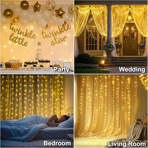 600LED Curtain Lights for Bedroom, Warm White, 8 Modes Y367582