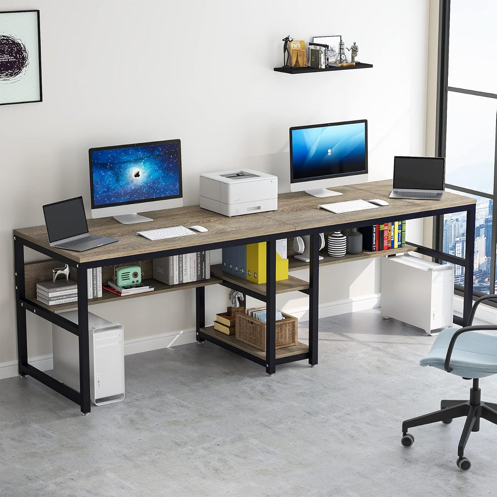 78.7" Two Person Desk with Bookshelf, Industrial Office Workstation W856