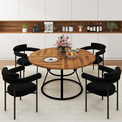 STHOUYN 47" Round Dining Table Set for 4 with 4 Boucle Chairs, Black D1536