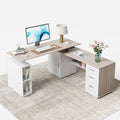 Cubiker 63" L Shaped Executive Standing Desk with 3-Drawer File Cabinet, Electric Height Adjustable Stand up Desk for Home Office, Computer Desk with Storage Cabinets, White Frame/Light Walnut Top